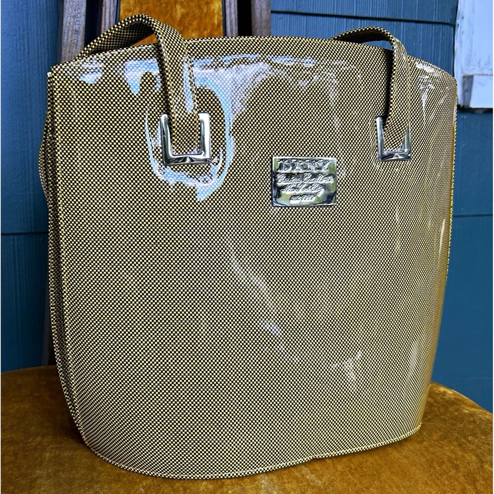 Vintage DKNY Yellow Black Micro Check Patent Leather Tote Purse Bag Ska Punk Y2K